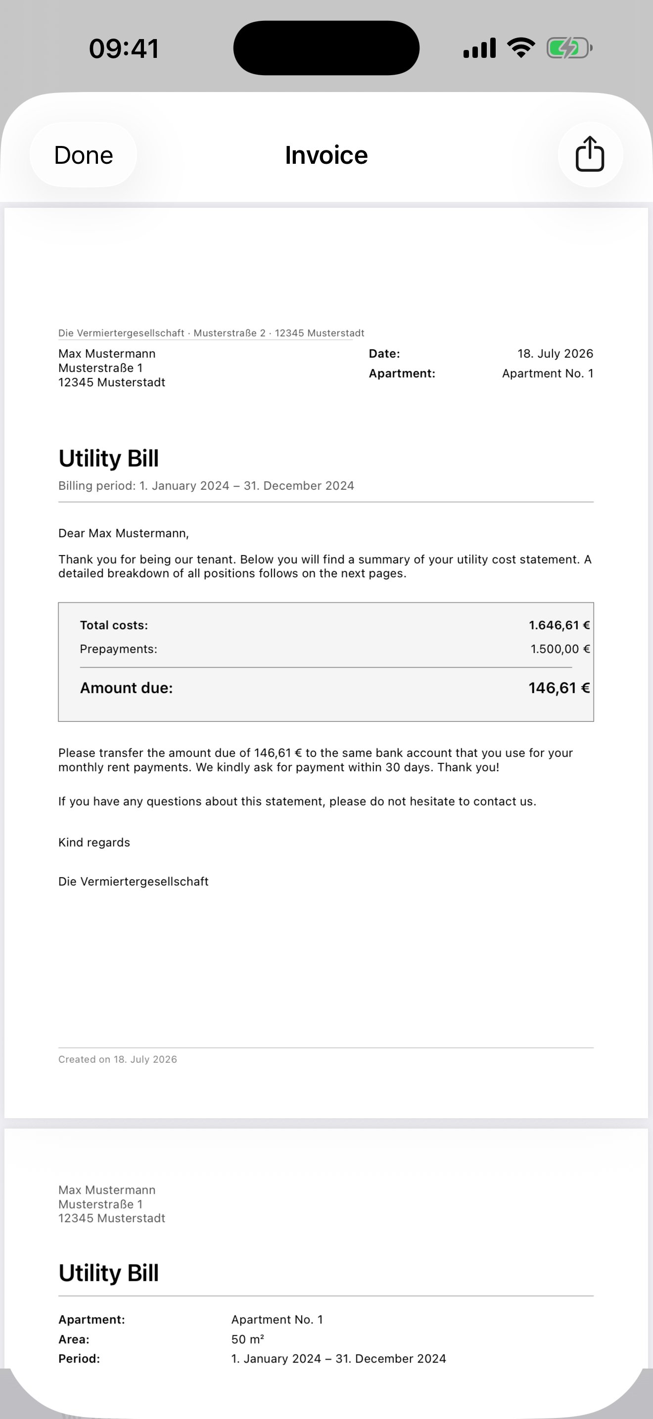 Utility cost statement preview in the NK-App