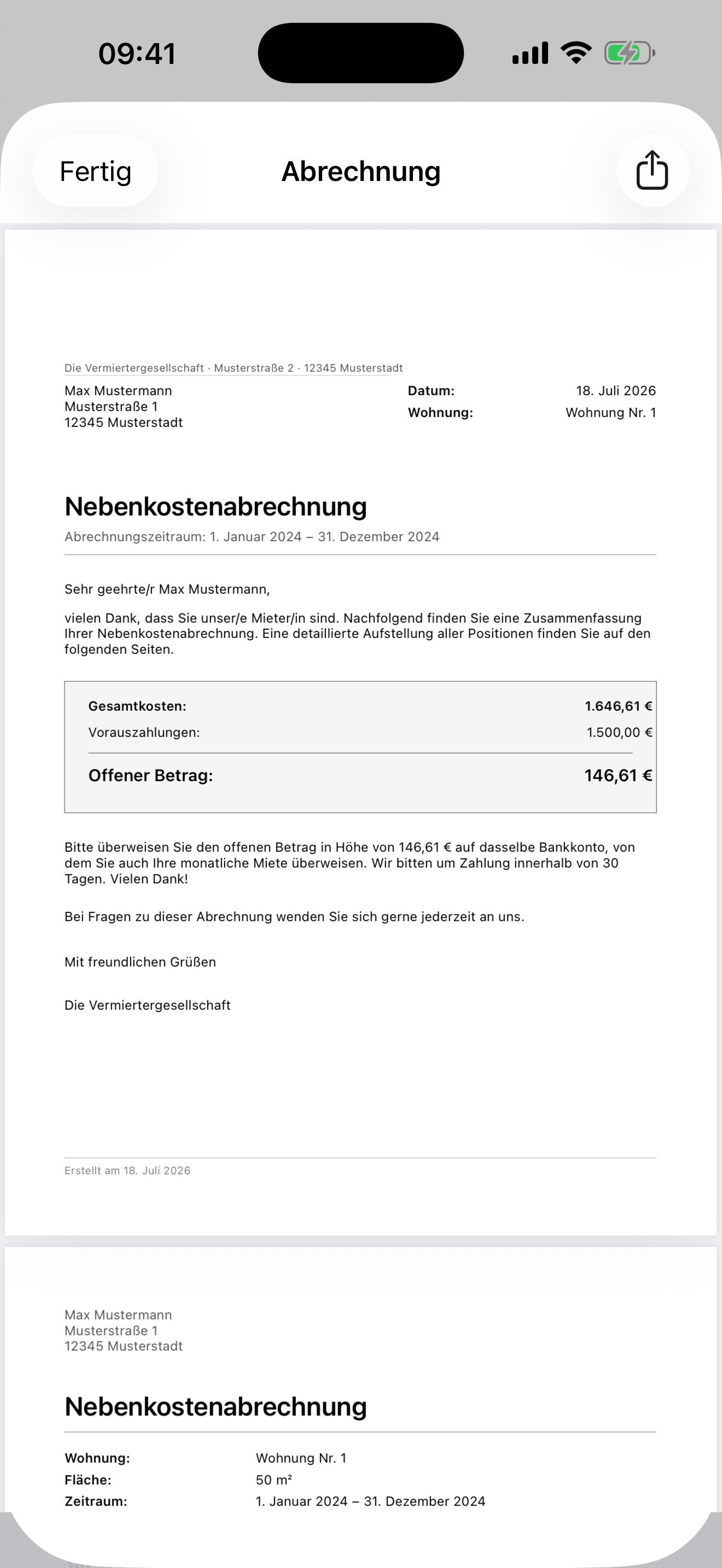 Nebenkostenabrechnung Vorschau in der NK-App